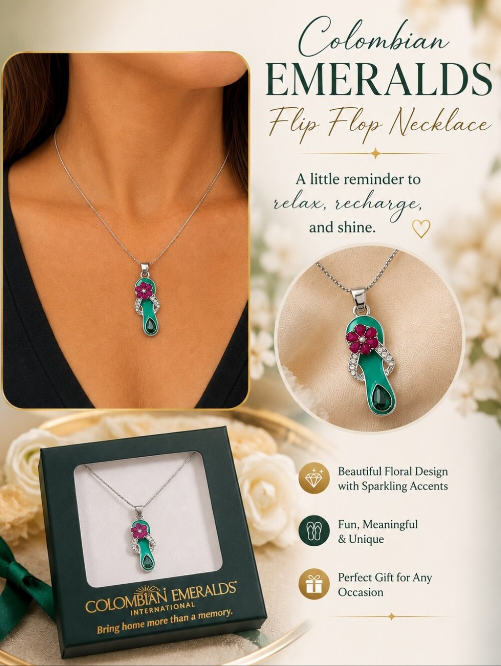 Columbian Emeralds Flip Flop Necklace - NIB